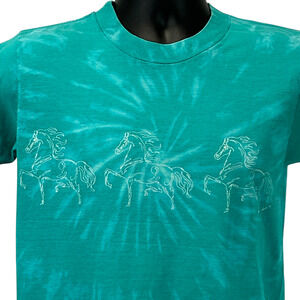 Vintage 80s Horse Equestrian T Shirt Dressage Made In USA Tie Dye Green S Small